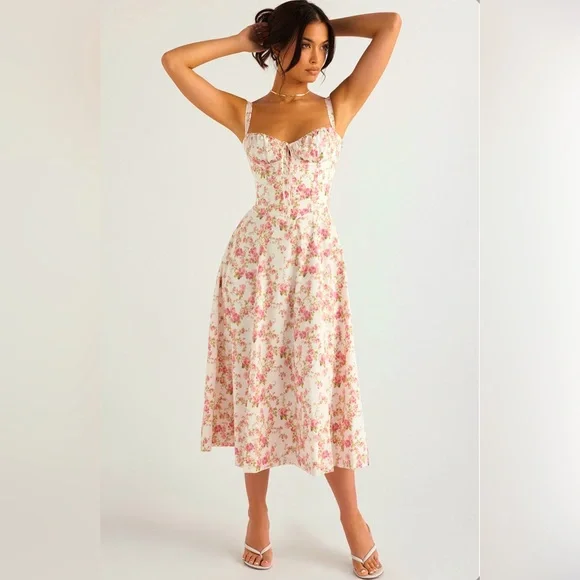 NWT HOUSE OF CB CARMEN Rose Print Bustier Sundress. Size XL